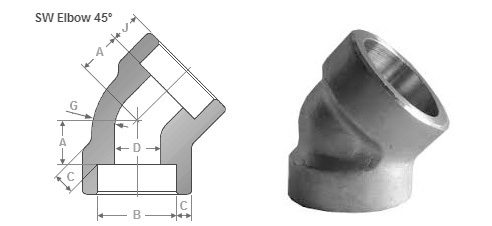 ASME B16.9 45 Degree  Socket weld Elbow Dimensions